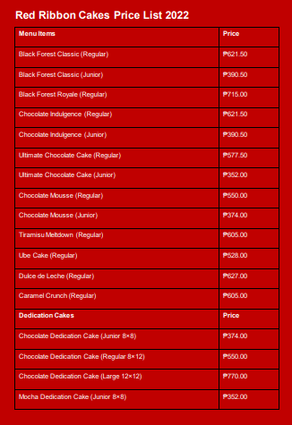 Red Ribbon Cakes Price List 2022 PDF Download